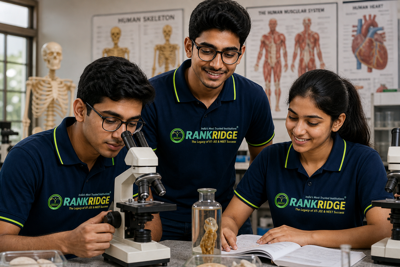 Illustration of students studying biology with microscopes and anatomy charts