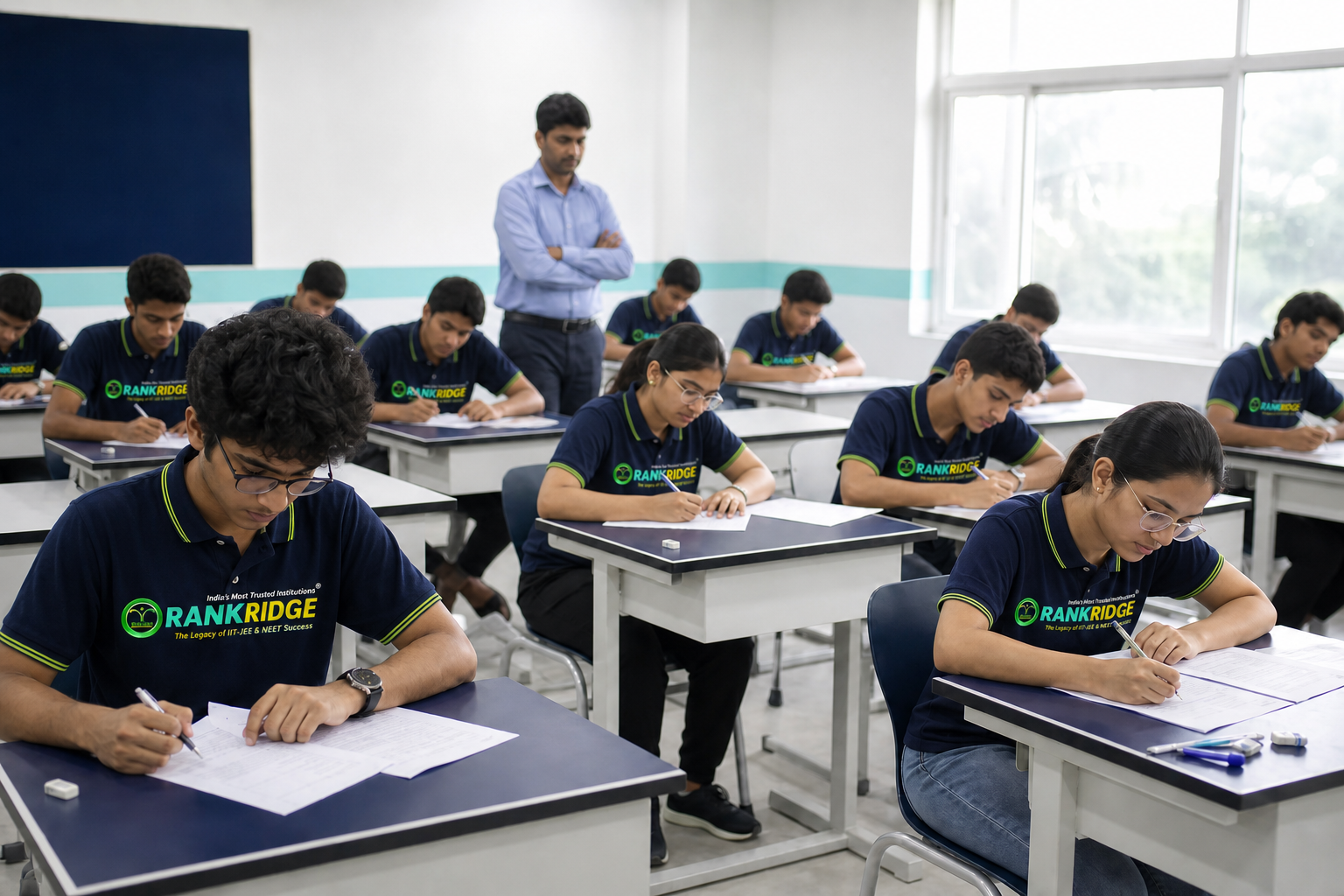 Illustrated timed academic testing scene for JEE and NEET style practice at Rankridge
